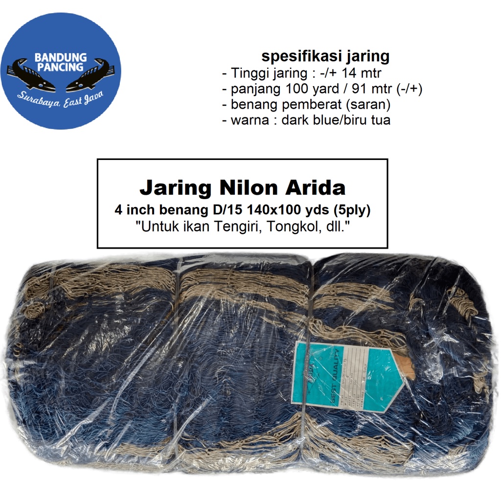 Jaring nilon arida 4 in benang d15 145x100 yds 5 ply untuk ikan tongkol dan Tengiri