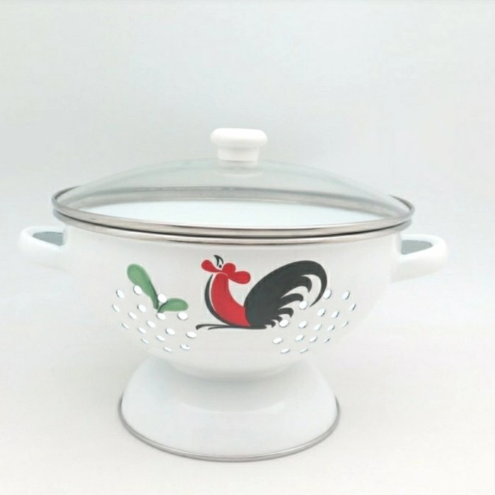 Sangku Nasi motif ayam + Tutup kaca tebal / bakul nasi enamel
