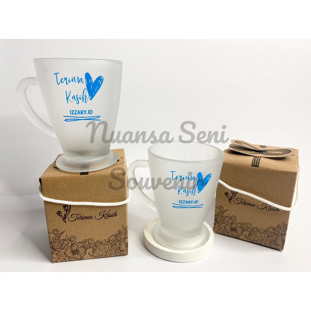 Souvenir Pernikahan Gelas Kaca Minum Mug Teh Motif Piala Gelas Kopi Gagang Kaca Cangkir Doff Sablon