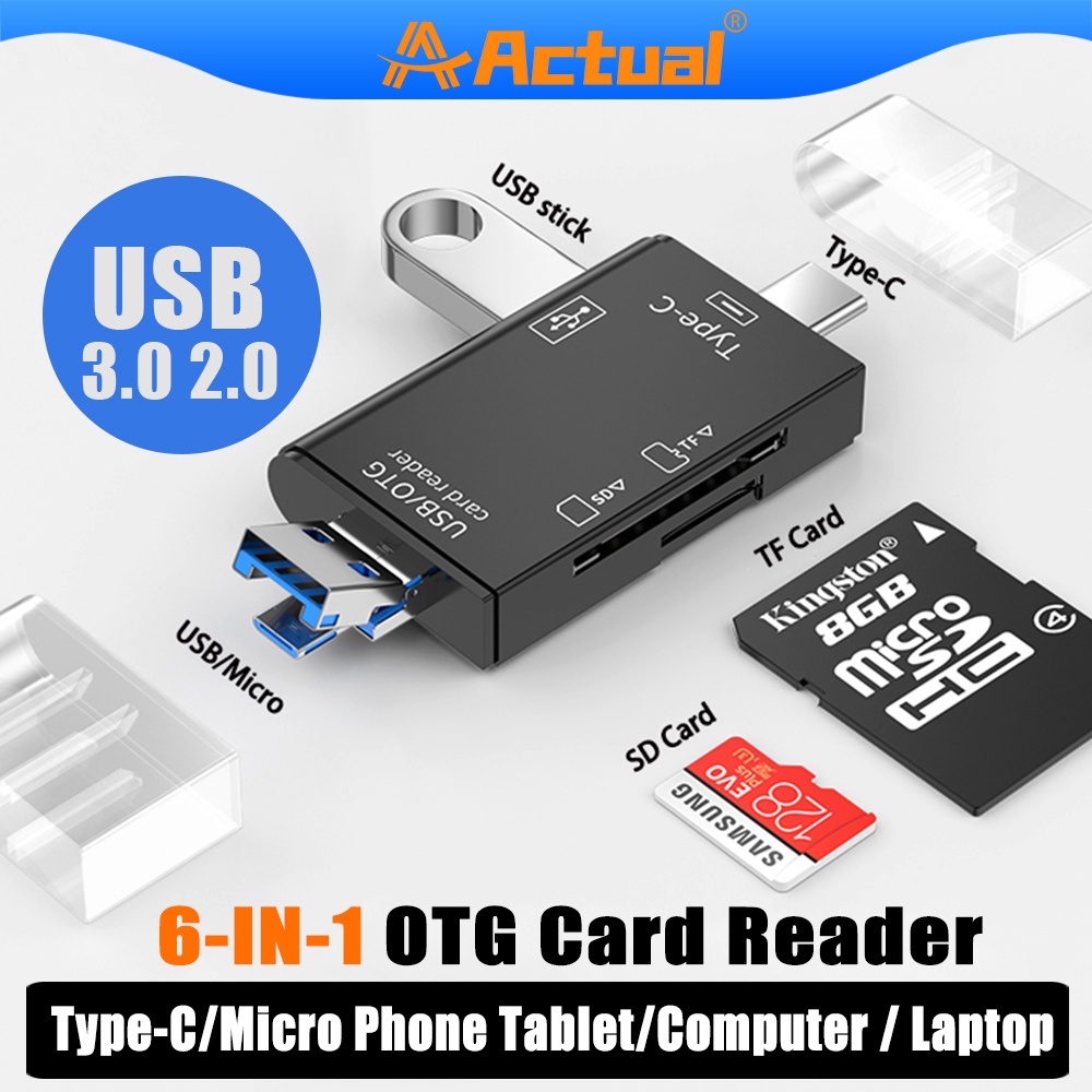 Actual【COD】Card Reader OTG 6 IN 1 USB 3.0 / USB 2.0 / Type C / Micro USB / SD Card / TF Memory Card Reader OTG Adapter