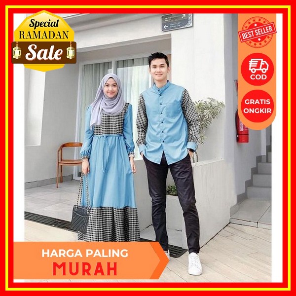 Baju Gamis Nibras Sarimbit Lebaran 2023 Couple Muslim Terbaru Basma Green Sage [Bisa Cod] Gamis Coup