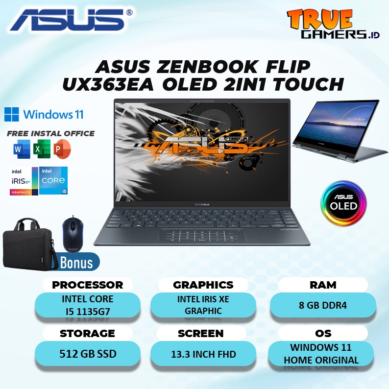 LAPTOP ASUS ZENBOOK FLIP UX363EA OLED 2IN1 TOUCH I5 1135G7 8GB 512SSD W10 13.3FHD