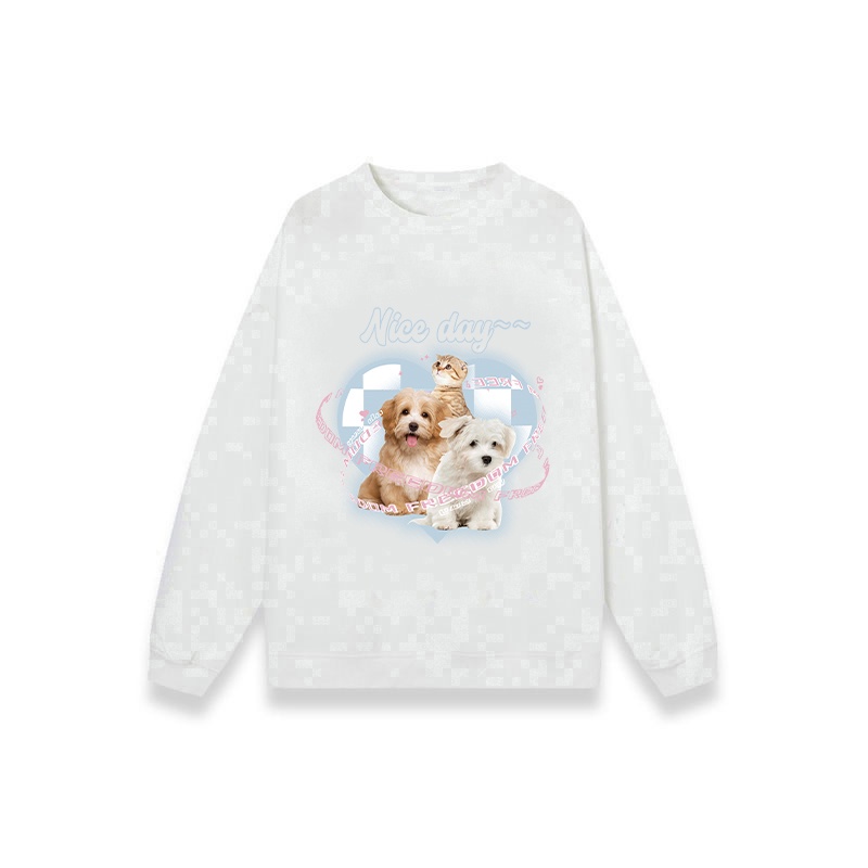 Kaos Stasan Wanita Oversize Couple Sweater American Vintage Cute Cat Cartoon Graphic Priting Top Kekinian Casual Sweater