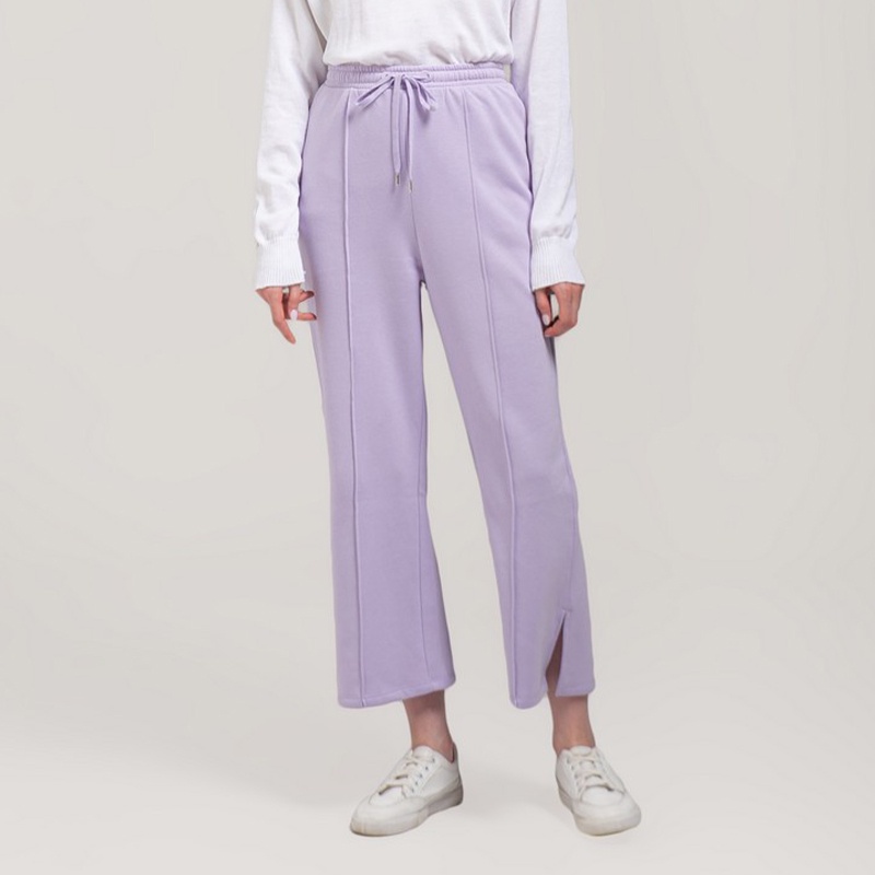 3Second Original Celana Kulot Elastic Waist Pinggang Karet Cotton Fleece Long Pants Wanita Ungu Lila