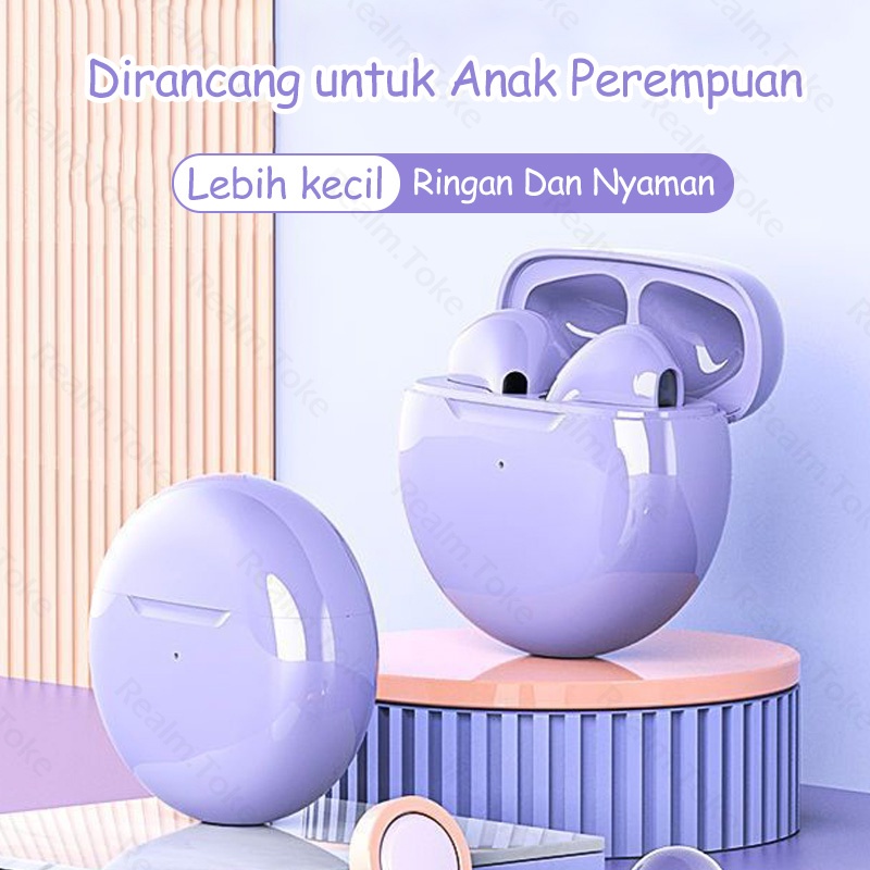 Ungu Lavendel Pro 6 Headset Bluetooth TWS with Mic Earphone Bluetooth Touch HiFi Stereo Handset Wireless Earbuds Olahraga Tahan Air Henset Bloetooth Hedset