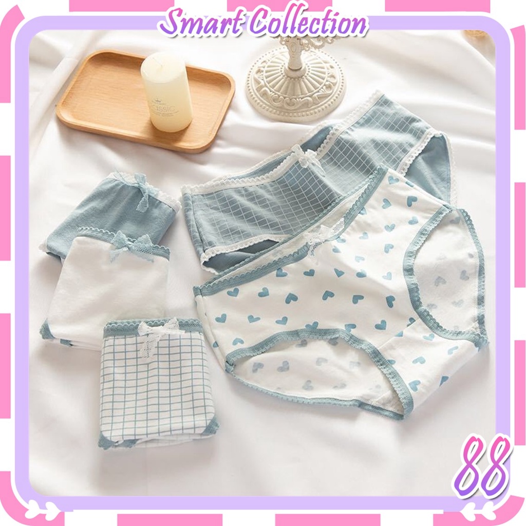 SC CD1089 Cd Imut Fashion Jepang Celana Dalam Wanita Katun Import Mid Waist Motif Biru