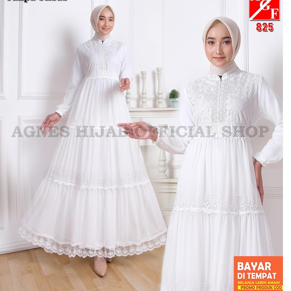 REKOMENDASI Agnes Azzahra Dress Gamis Putih Wanita Gamis Plisket Brukat Baju Muslim Wanita Busana Le