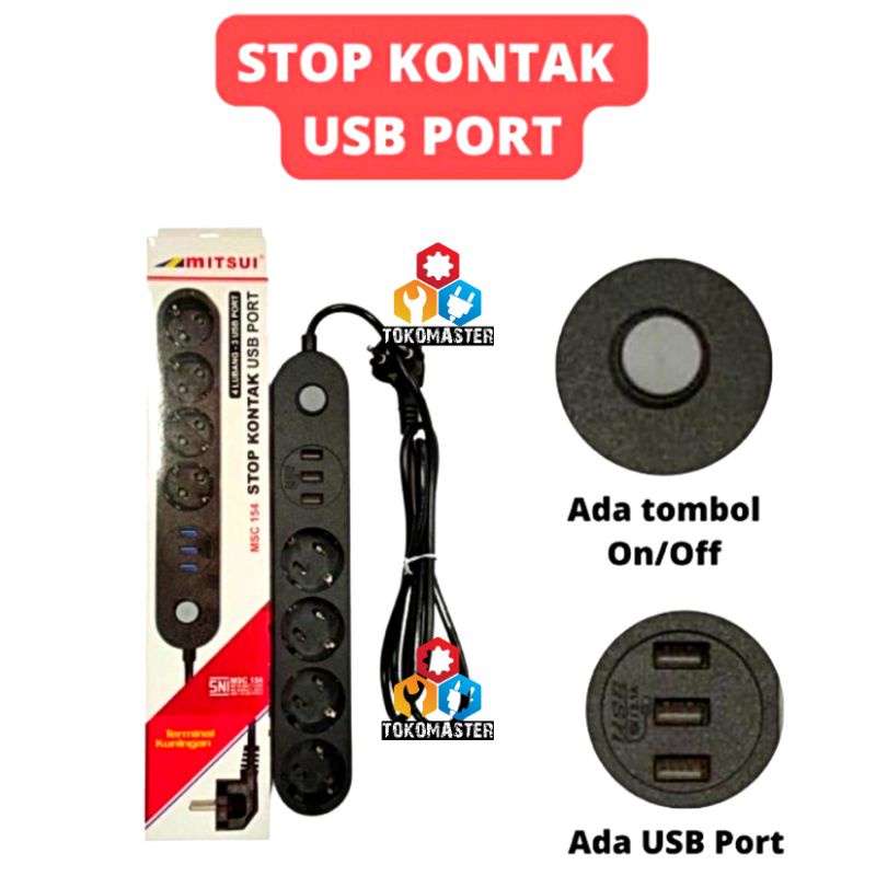 Stop Kontak + USB Colokan Set Kabel 4 Lubang AC 3 USB Mitsui MSC 154 USB Port Terminal Smart Power On Off Adapter