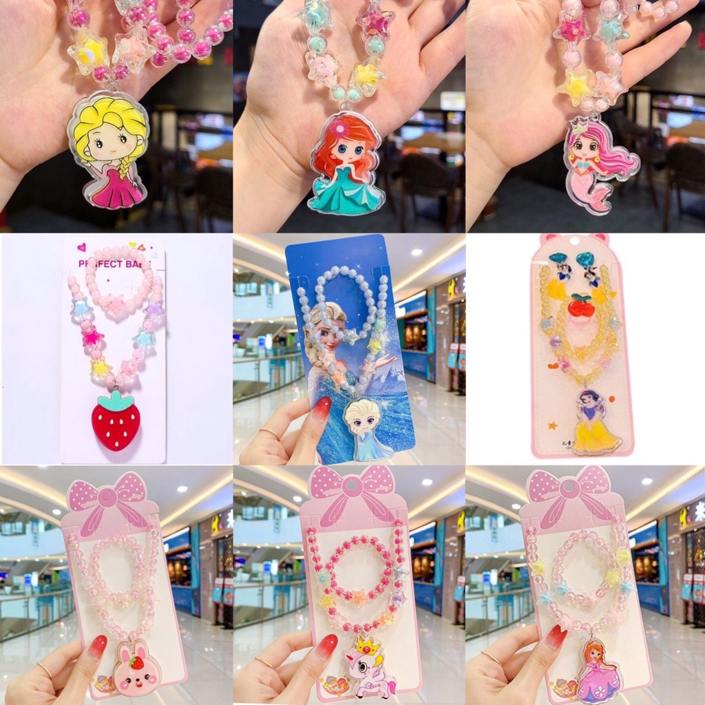 Anak-anak Kalung Set LED+Gelang Mutiara Import Karakter Frozen/Mermaid/Unicorn (Bisa Nyala ada LED)