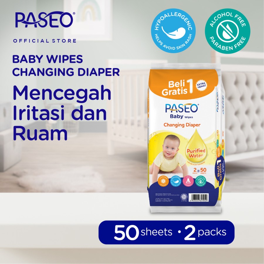 Paseo Baby Wipes Tissue Basah 50 Sheets x 2 Packs