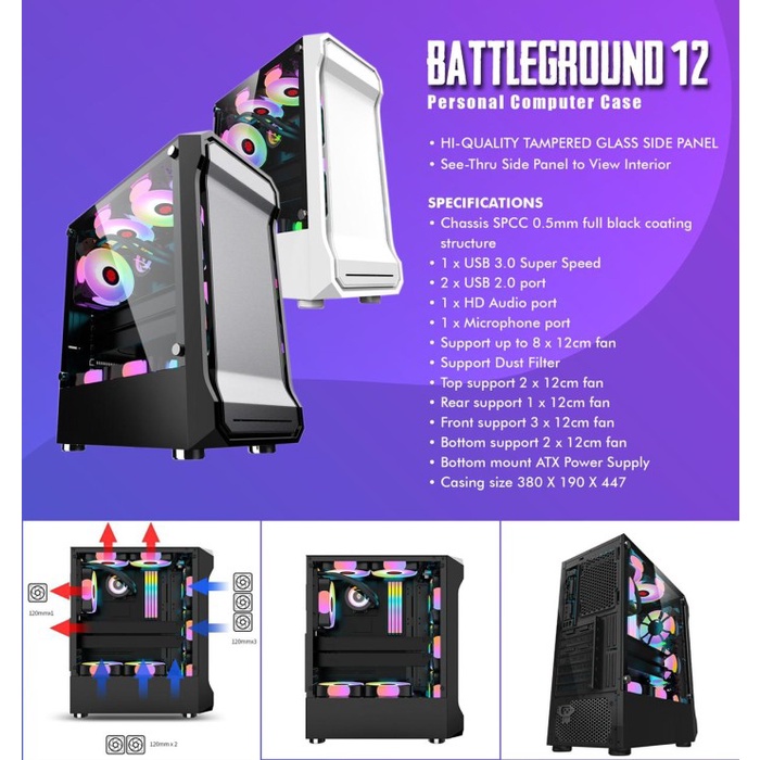 Casing Simbadda BattleGround 12 - ATX, mATX Tempered Glass case gaming