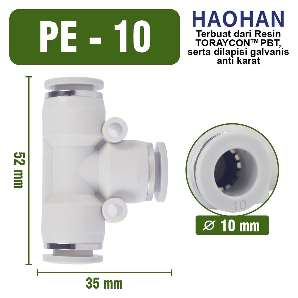 PE T connector Push In Fitting Konektor Slip Lock aeroponik Pneumatic Fitting 3 Arah Cabang T