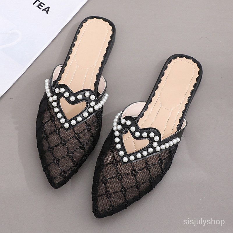 [✅BISA COD] #Sisjuly# Sandal wanita jala bernapas sepatu datar seratus mutiara runcing paket kepala