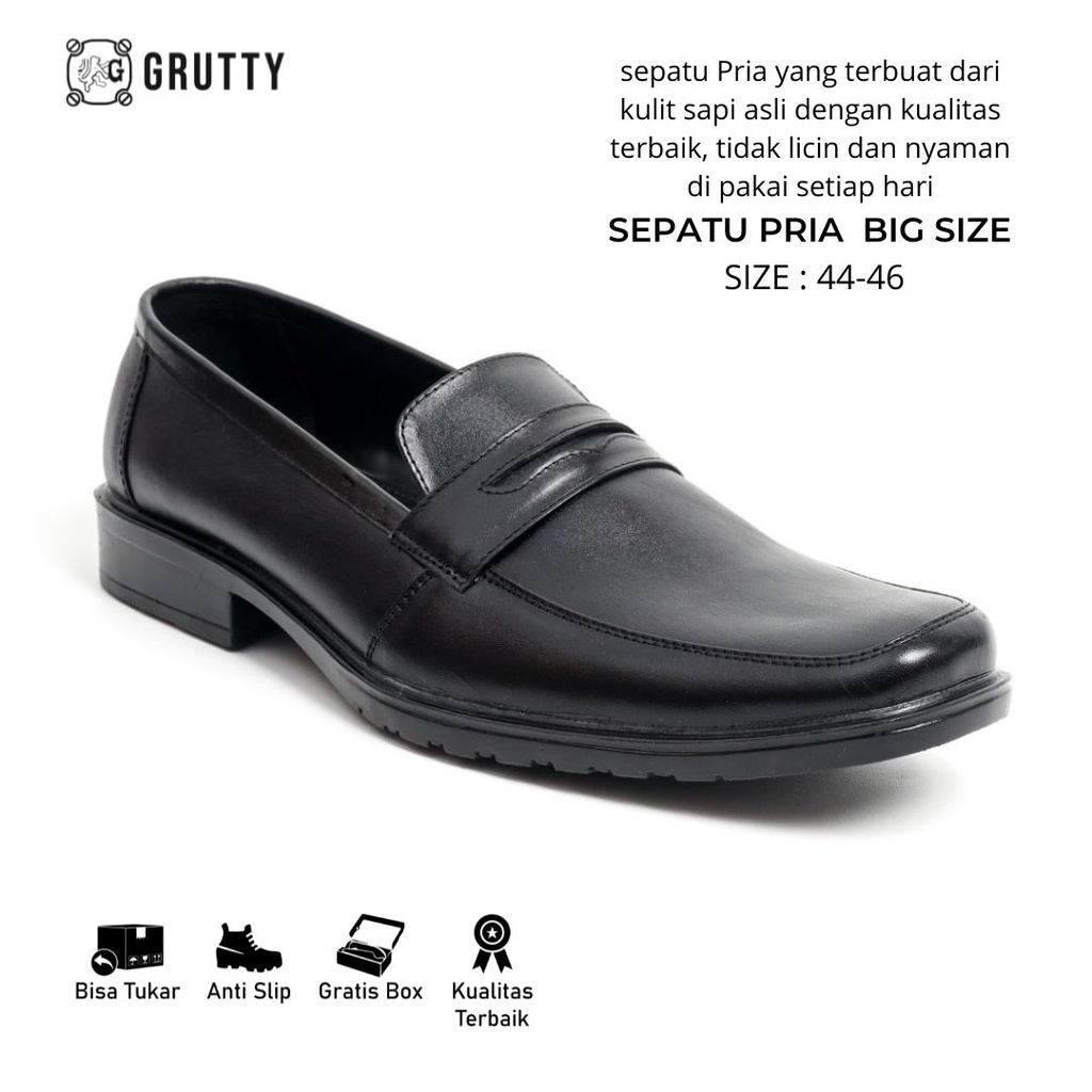 Sepatu Pria Formal Pantofel Kulit Asli Tanpa Tali Big Size Ukuran Besar GRUTTY DC015 Hitam