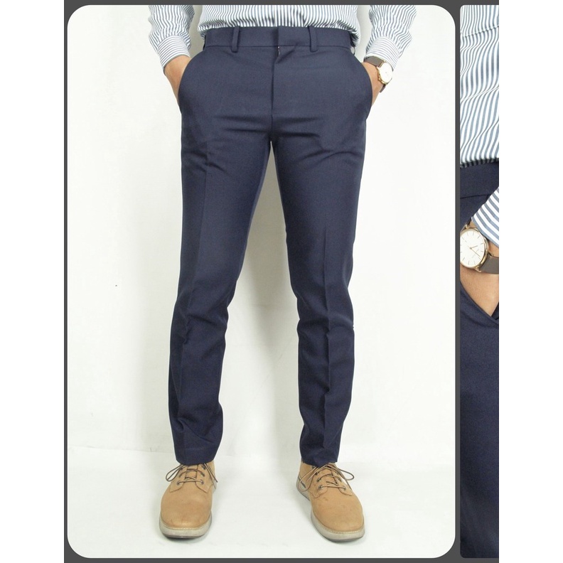 Celana Kerja Kantor Pria Formal STANLEY ADAMS Biru Navy Gelap Slim Fit | Bahan Halus Navy (D)