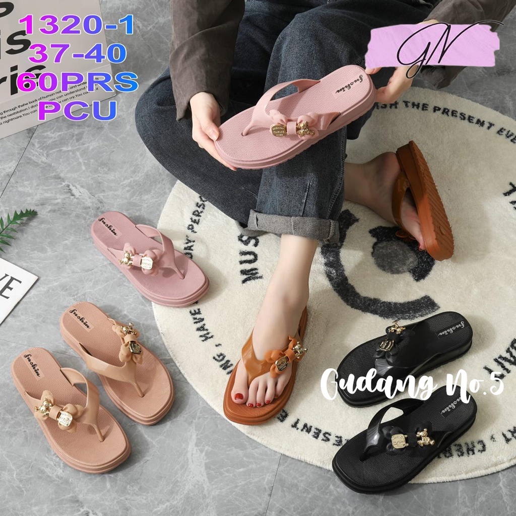 GN-1320-1A &amp; 2A Sandal Jepit Jelly Wanita Terbaru Motif Pita dan Rantai Import Fashion PCU