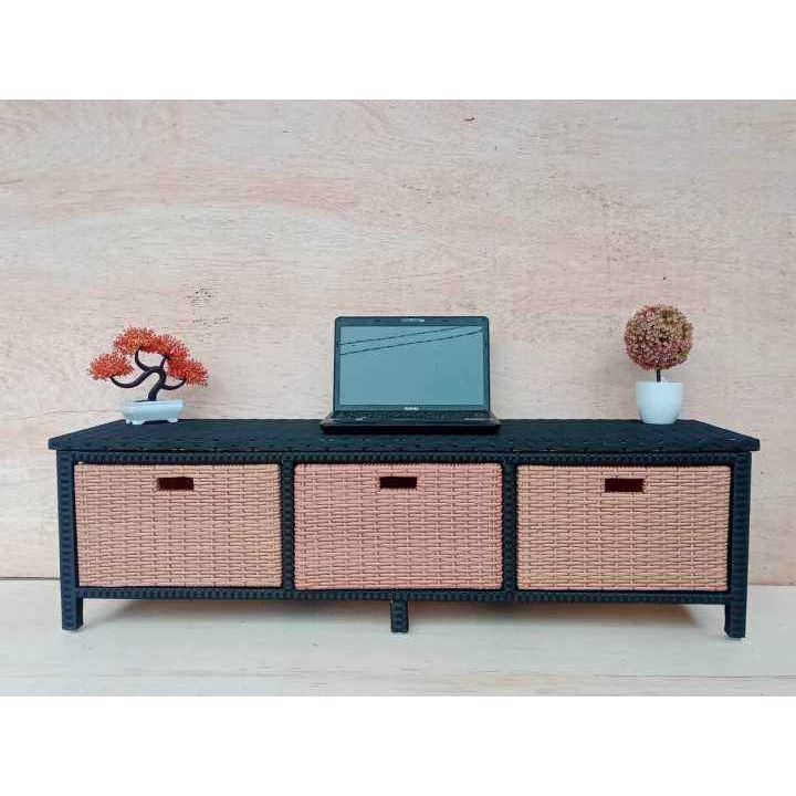 Lemari Rotan Sintetis Laci Rak 3 Pintu / Rattan Meja TV Ruang Keluarga Premium High Quality