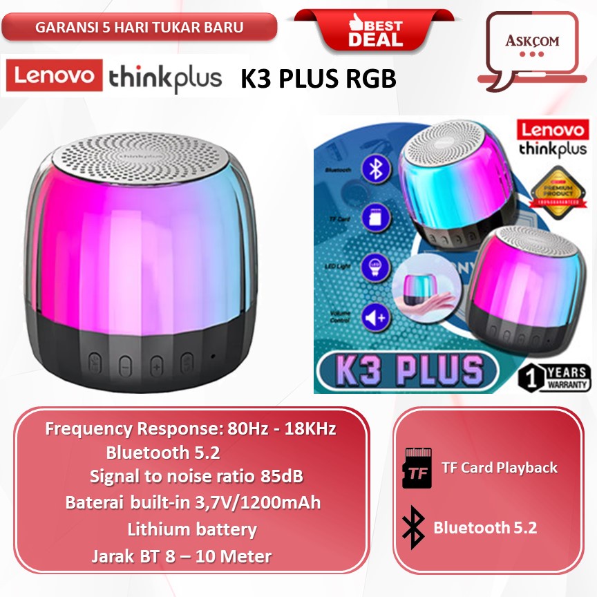 Speaker Lenovo K3PLUS Asli Speaker Bluetooth 5.2 Pengeras Suara Nirkabel Portabel Mini Luar Ruangan Speaker Pemutar Kartu TF Kolom Nirkabel