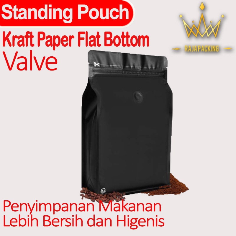 Standing Pouch | Standing Pouch Flat Bottom | Standing Pouch Valve Ziplock | Alumunium Foil Hitam Doff | Kemasan Makanan