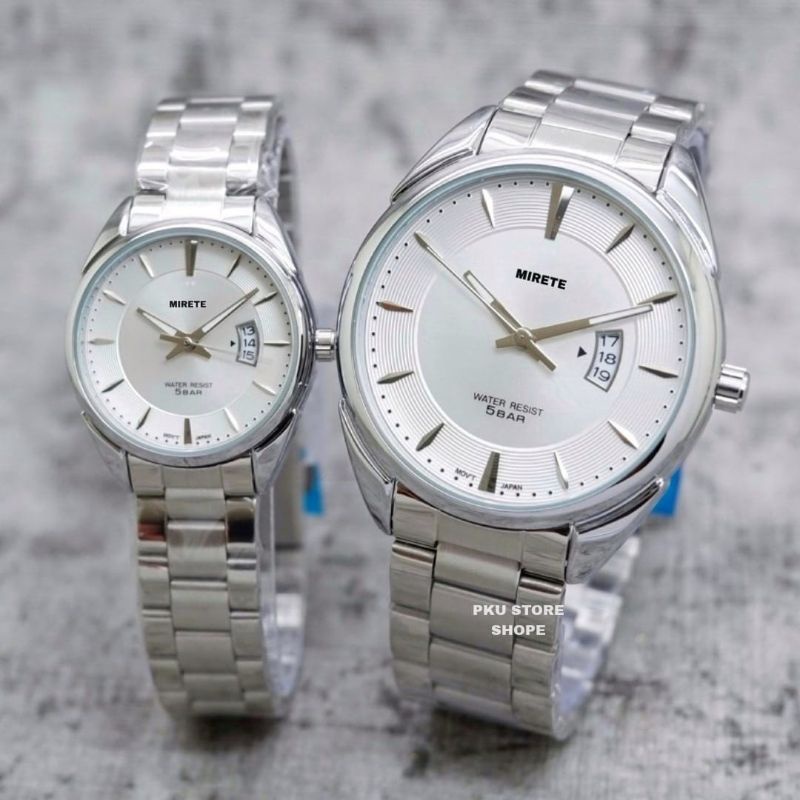 MIRETE ORIGINAL Jam Tanngan Couple Pria Dan Wanita Tahan Air Tanggal Aktif Free Box | Jam Tangan Kasual Analog Pria Dan Wanita Strap Rantai Stainless Steel Mewah Elegan Sporty Quartz Realpict Dijamin Sesuai Foto