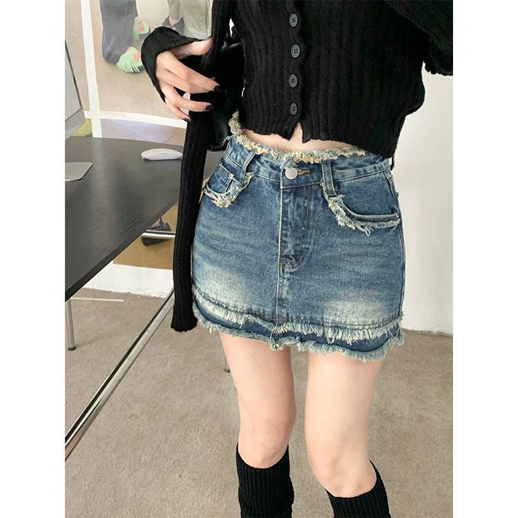 Red American retro raw edge denim rok wanita musim panas baru hot gadis tas pinggul rok rok A-line rok ins pasang