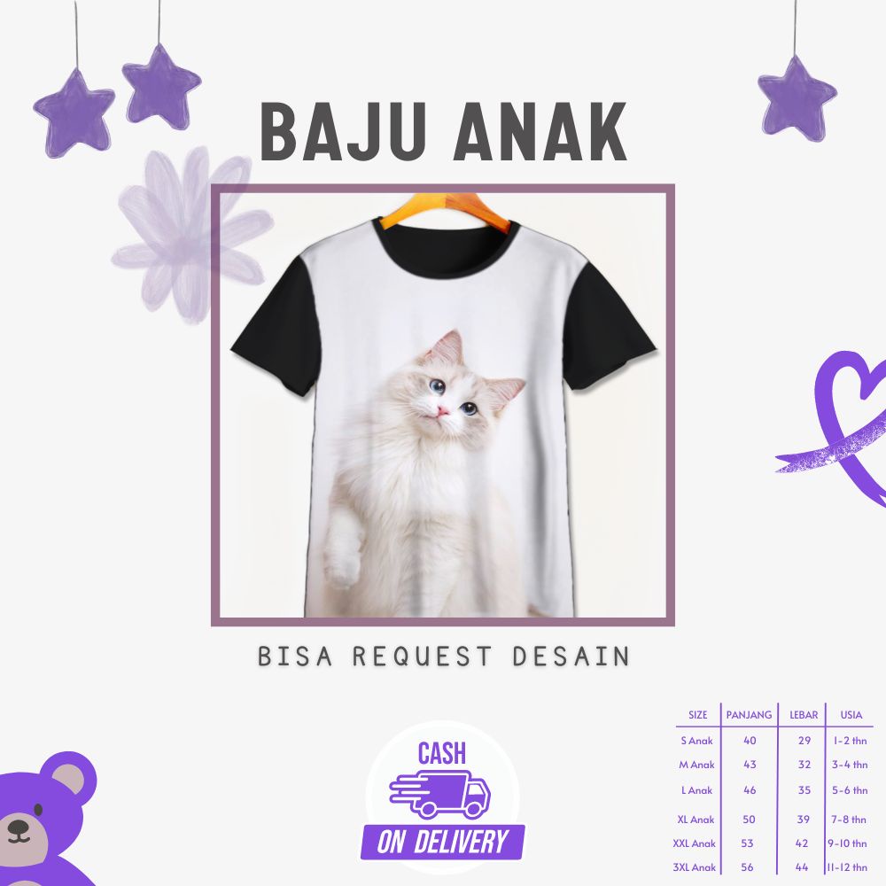Kaos 3D Anak | Baju Printing | Kaos 3D - Baju Gambar Binatang / Hewan Kucing Putih Lucu White Cat Lo