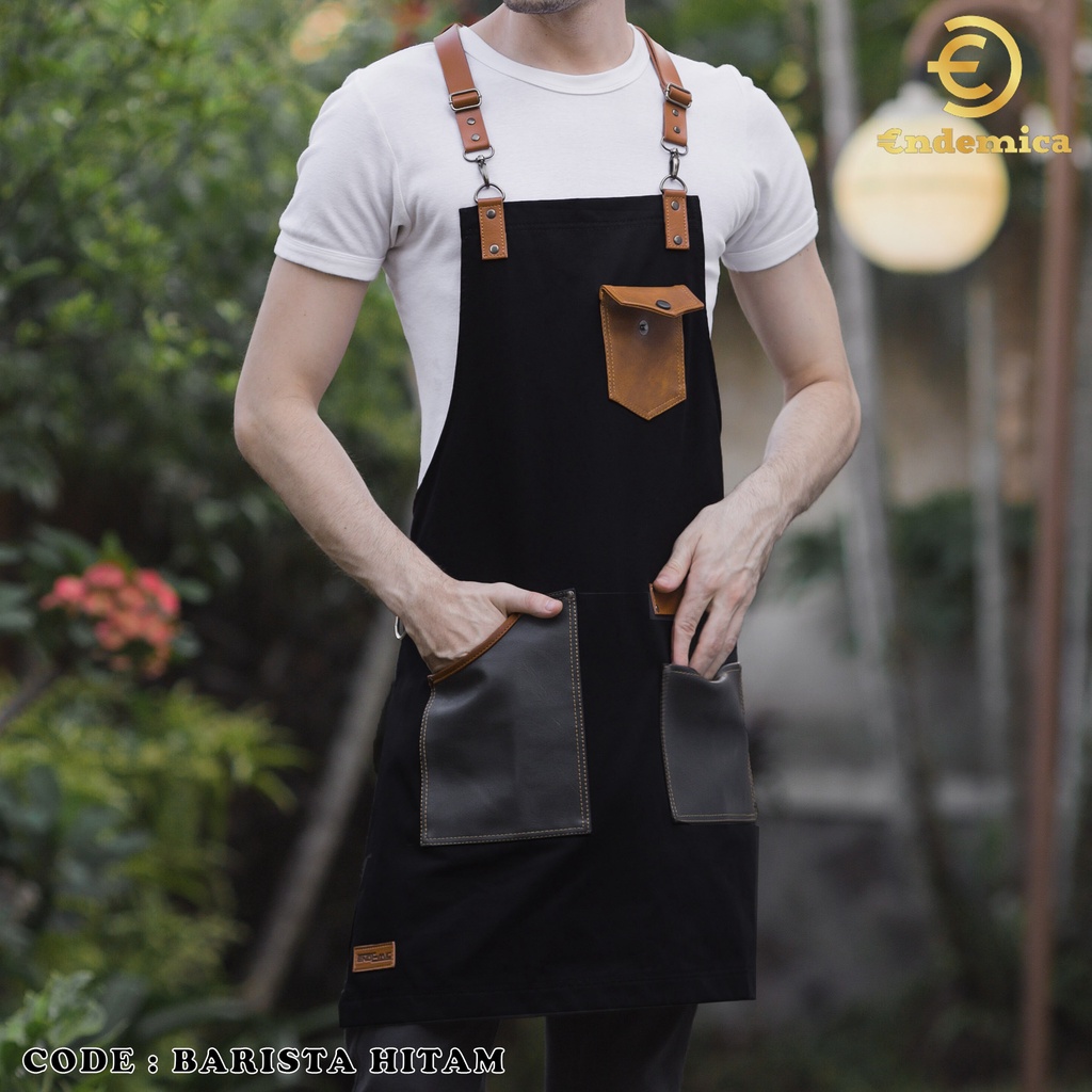 Full Apron Barista Celemek Cafe Apron Barbershop Celemek cukur rambut full cotton &amp; synthetic leather for barista/waiter etc Y strep