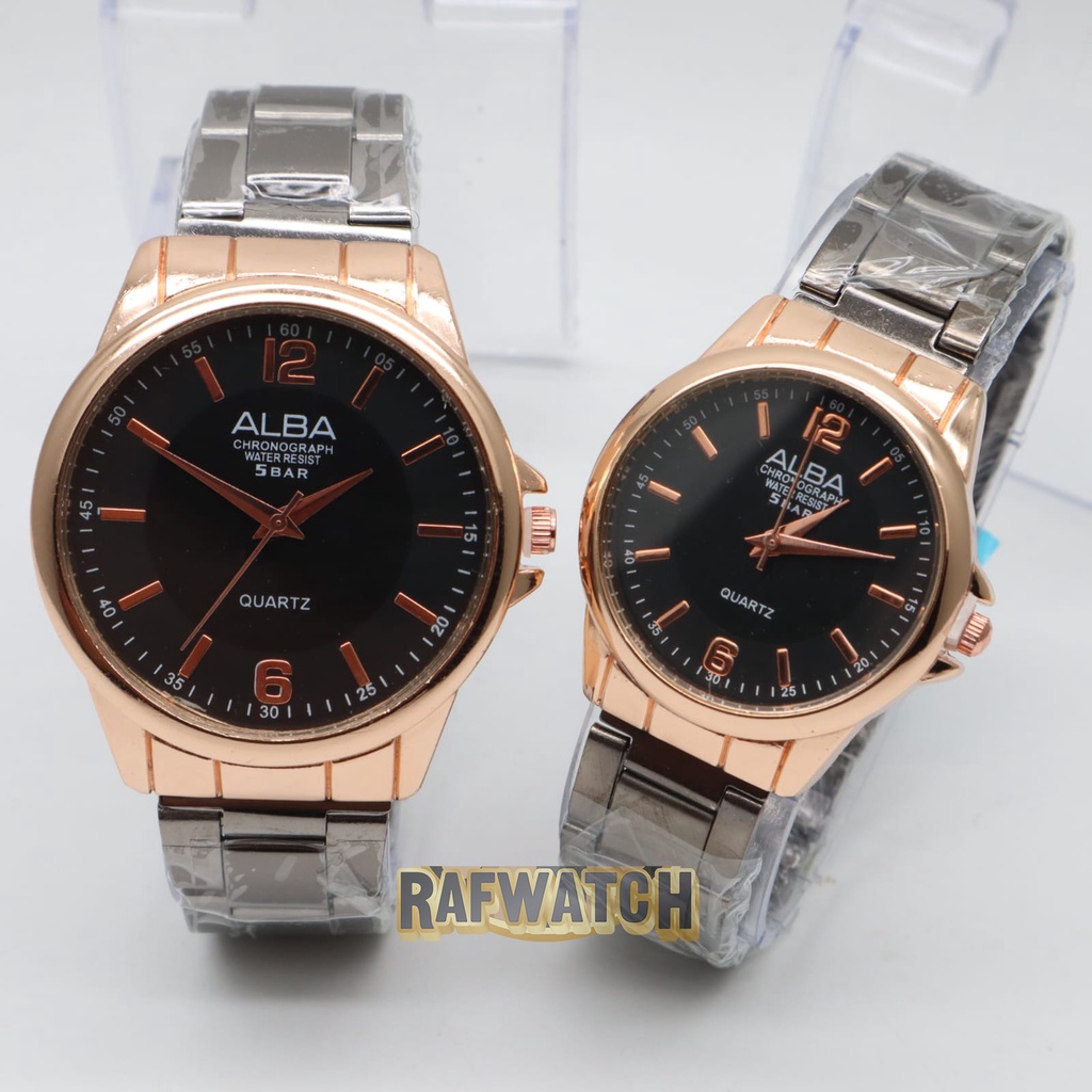 Jam Tangan Pasangan Pria Wanita Analog Casual Rantai Stainless Hitam Rose RPA6