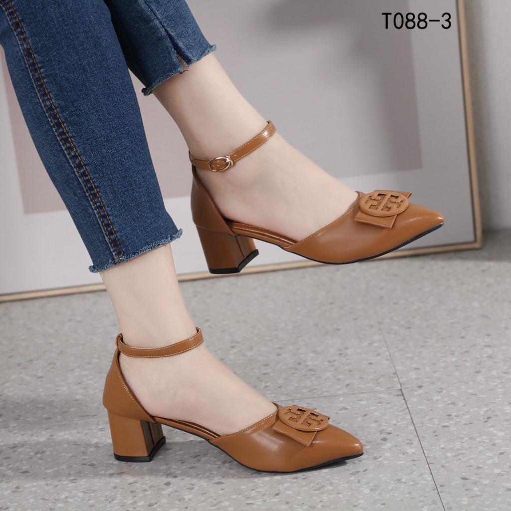 TB Logo Bow Ankle Strap Pump Block Heel T088-3