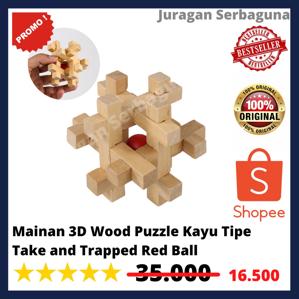 Mainan 3D Wood Puzzle Kayu Tipe Take and Trapped Red Ball