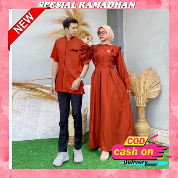 Batik Couple Gamis Brokat Tulle Modern Fania - Dress Kondangan Wanita Kekinian Baju Couple Pasangan 