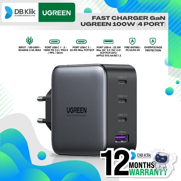 Fast Charger GaN UGreen 100W (4 Port) (40747)- UGREEN GaN Charger 100W