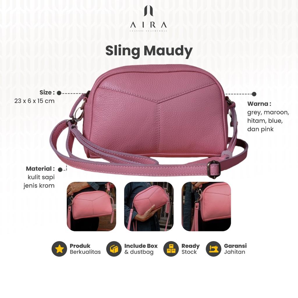 Tas Selempang Wanita Sling Bag Maudy Kulit Sapi Asli Bahan Jenis Krom Leather Terbaru Kain Lurik Tradisional Tali Panjang Adjustable Tali Pendek Kekinian Original