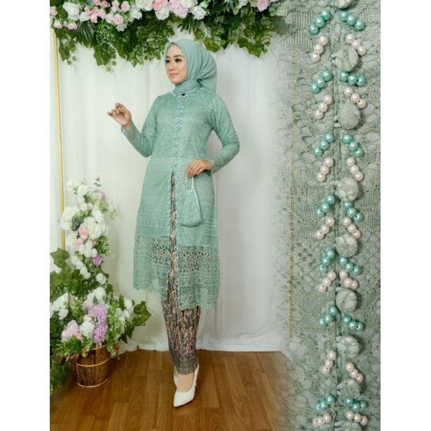 Setelan Kebaya Brokat Tunik Kenza Full Puring Modern Kondangan dengan Rok Plisket Batik Premium Sage