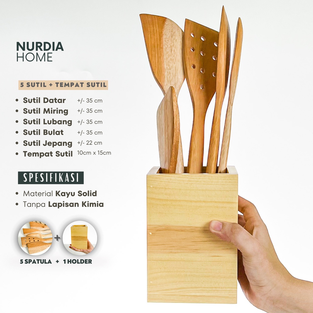 Spatula Set Kayu Natural (5 Pcs Sutil + 1 wadah) by Nurdia Home - WS03