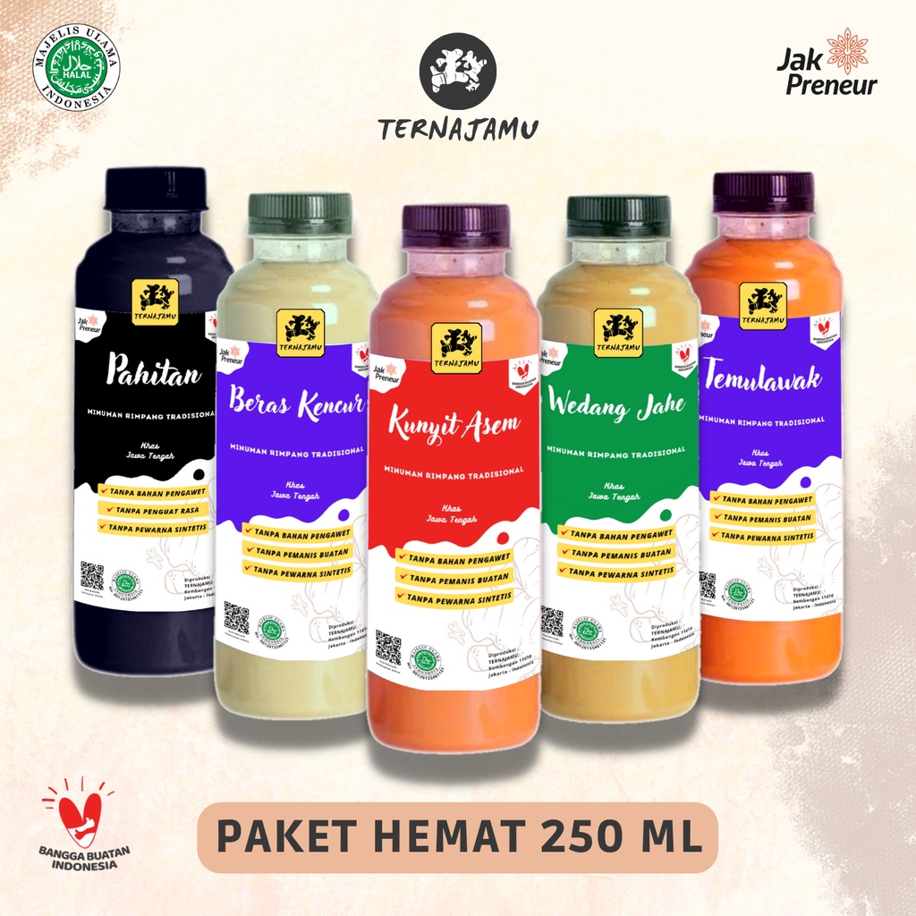 

Promo 4 Botol Jamu Kunyit Asem, Beras Kencur, Empon Empon, Wedang Jahe, Temulawak 250 ml Ternajamu