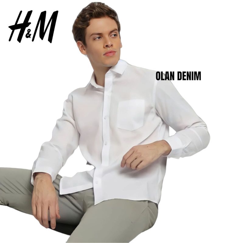 Kemeja Panjang Kerah Pria Casual Polos H.M | Kemeja putih Katun Tuwil