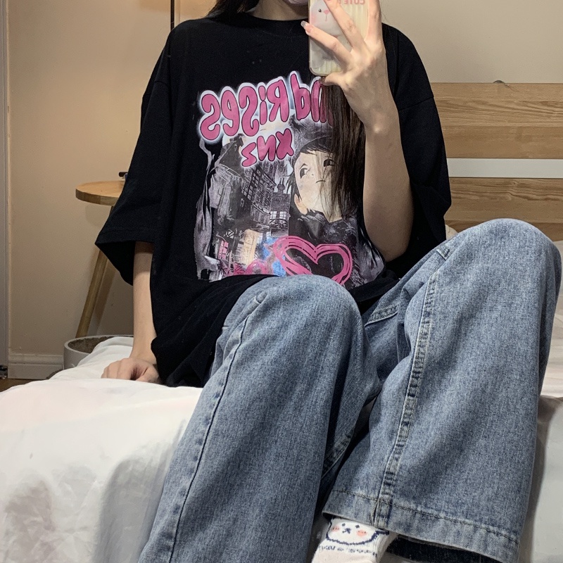 american retro baju kaos wanita lengan pendek cartoon graphic print import oversize kekinian kaos hitam