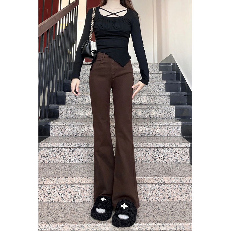 coklat new high waist cewek skinny celana jeans panjang wanita