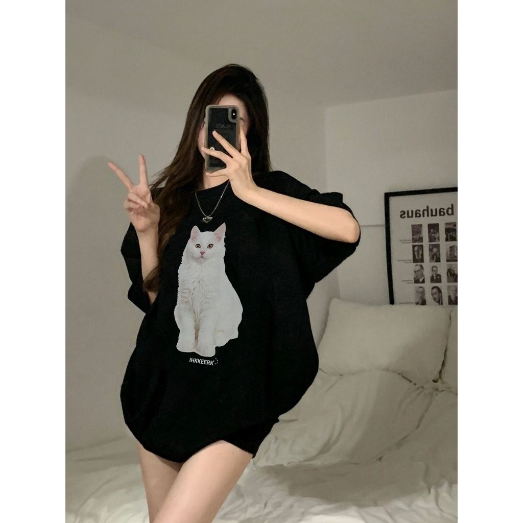 kaos hitam oversize wanita american retro cartoon cat motif printed t-shirt lengan pendek kaos atasan wanita