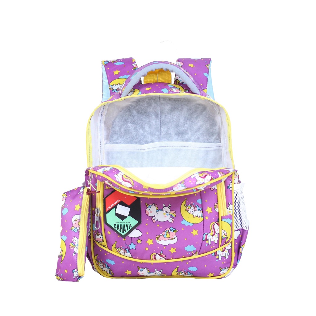 Tas Anak Perempuan Unicorn PAUD TK SD Bonus Tempat Pensil Raincover Ukuran Compact Bahan Tebal Impor Jahitan Kuat Muat LKS Ransel Anak Cewek Sekolah Les Ngaji TPQ TPA Muat Banyak Laptop Ipad In Lucu