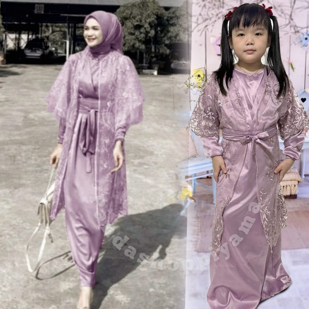 Gamis Outer Arabella Couple Ibu dan Anak Brukat Tile Premium/Cardigan Kondangan/Pesta/Dress Remaja