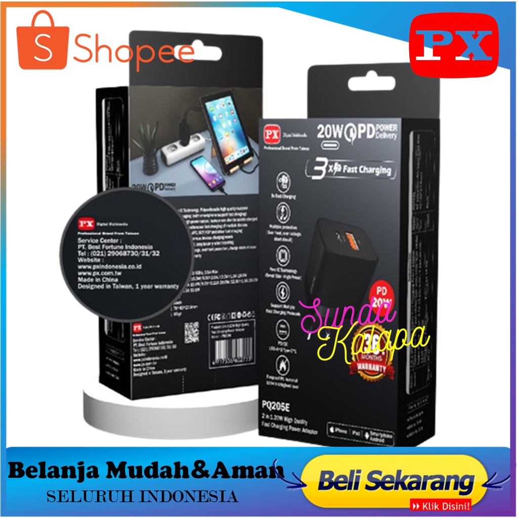 Kepala Charger Adaptor PX PQ205E Charger Fast Charging Kepala Charger Adaptor Quick Charger 3.0 Smartphone iOS Android Samsung iPhone Xiaomi Realme Nintendo Switch Type C + USB A PD 20W PX PQ205E