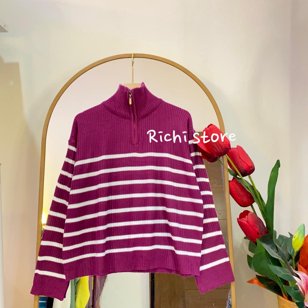 NANDA ZIPPER BLOUSE RAJUT TURTLENECK MOTIF GARIS