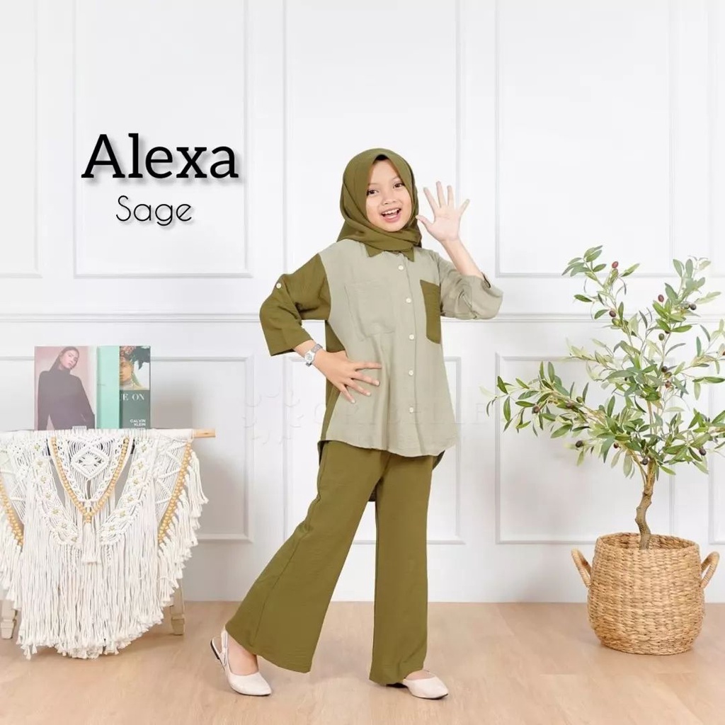 terbaru Baju Setelan Anak Tanggung plus pasmina Usia 10 11 12 tahun Alexa Kids Set Hijab Pakaian Muslim Anak Perempuan Baju Muslimah  3 in 1 set