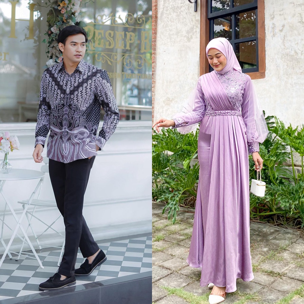 NAYAKA BATIK MELODY LILAC SERIES - Batik Couple Melody Lilac Dress Kondangan Kekinian Gamis Brukat Amara Baju Couple Lebaran Gamis dan Kemeja Batik Lengan Panjang