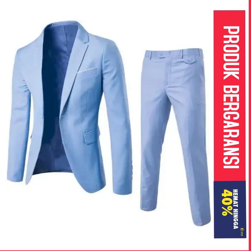 SETELAN JAS FORMAL 2IN1 JAS PENGANTIN PRIA / JAS WEDDING / JAS BUISSNIS / JAS BLAZER PRIA BIRU MUDA 
