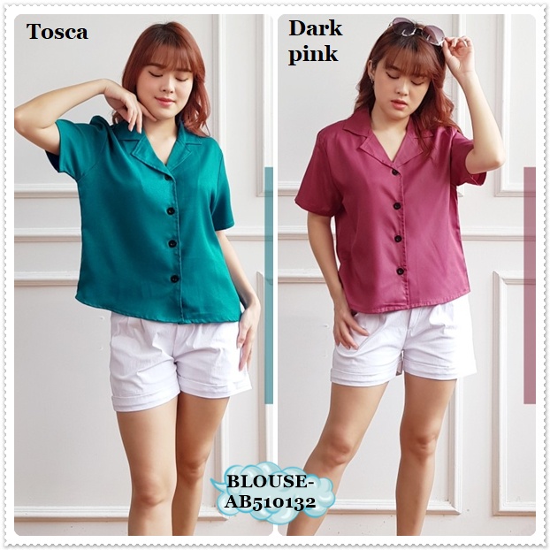 AB510132 Baju Atasan Kerja Kemeja Lengan Pendek Wanita Korea Import Pink Hitam Black Merah Maroon Ye