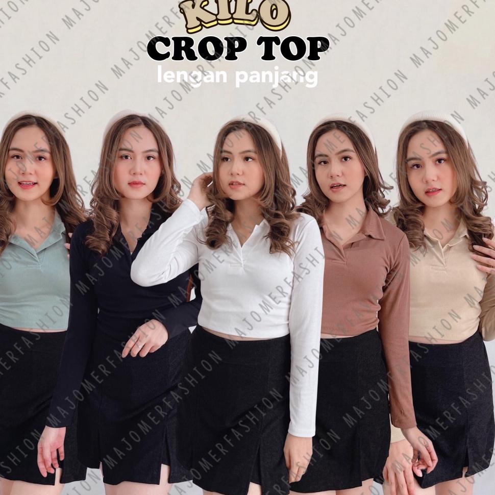 MAJOMER ® | KILO CROP TOP LENGAN PANJANG - CROP TOP V KERAH RIB POLO SHIRT - KAOS WANITA TERPERCAYA