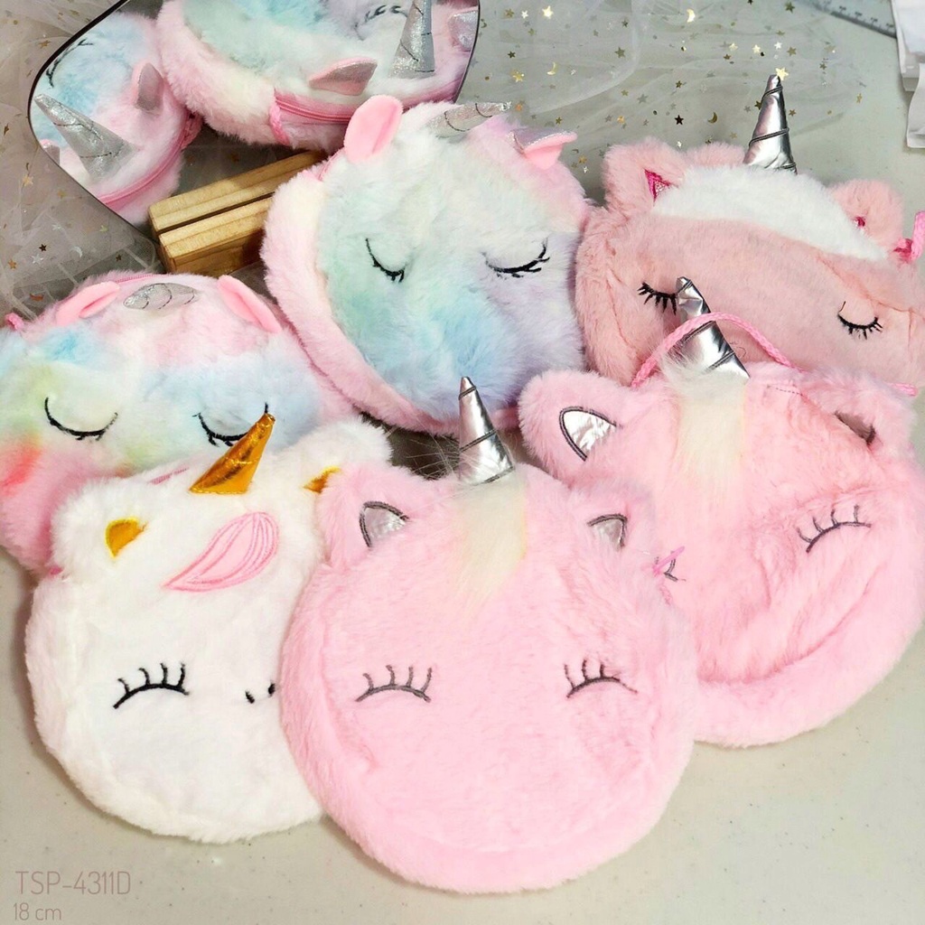 tas selempang kepala unicorn bulu bulat